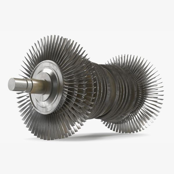 3D render of a multi-stage compressor rotor shaft assembly used in heavy-duty gas turbines.
