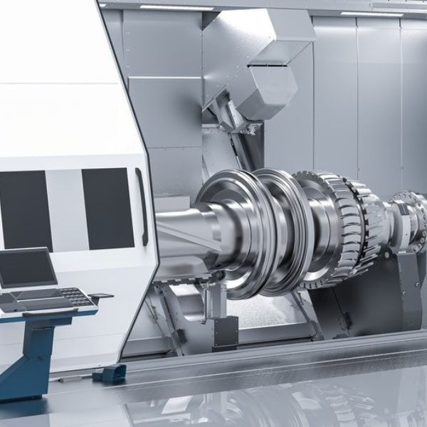 Large-scale industrial CNC turning and grinding machine processing a heavy rotor component.