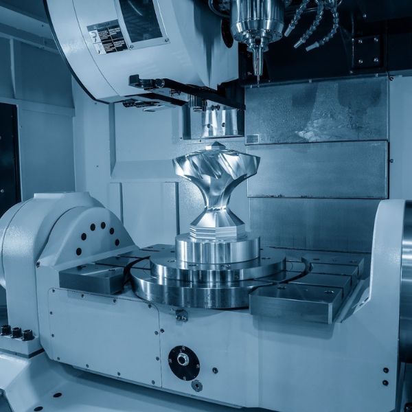 A 5-axis CNC machining center performing high-precision milling on a metal impeller component.