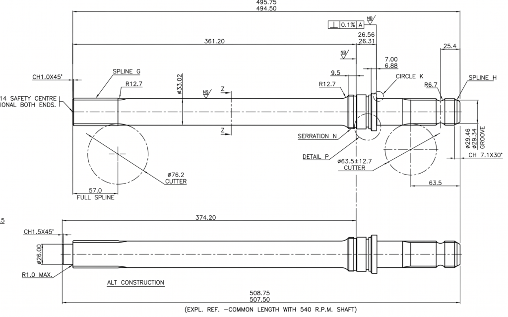 Automotive Drive Spline Shaft Engineering Drawing