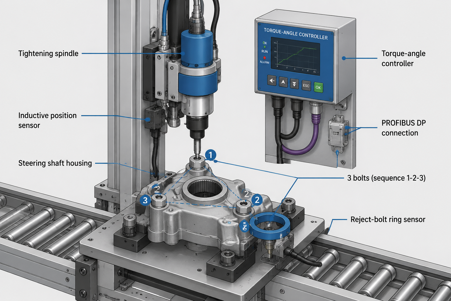 Automated bolt tightening torque control system on a PLC steering shaft line