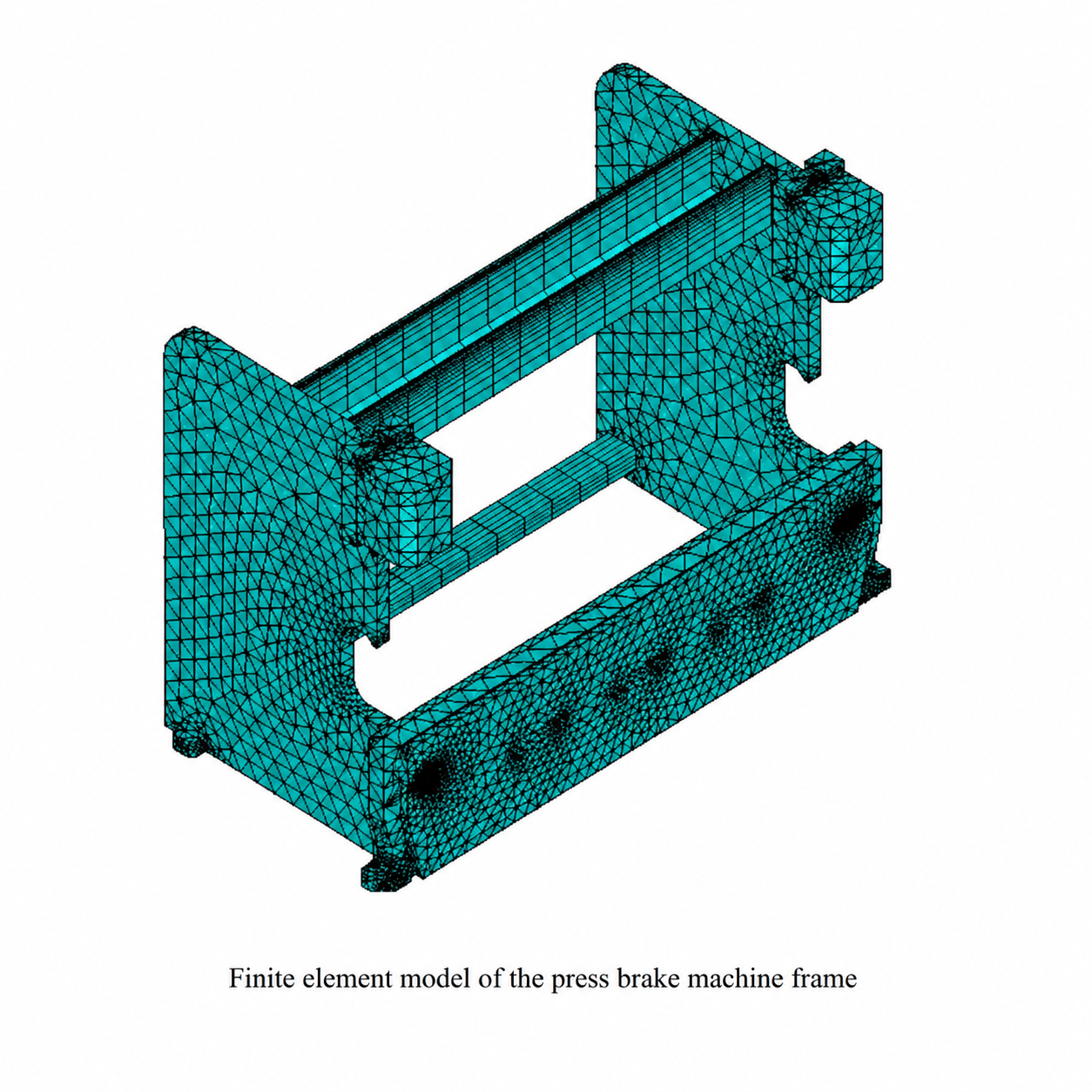 3D model of a CNC hydraulic press brake welded steel frame showing the C-shaped throat