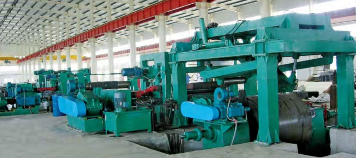 Steel coil slitting line overview showing the main hot rolled coil processing sections