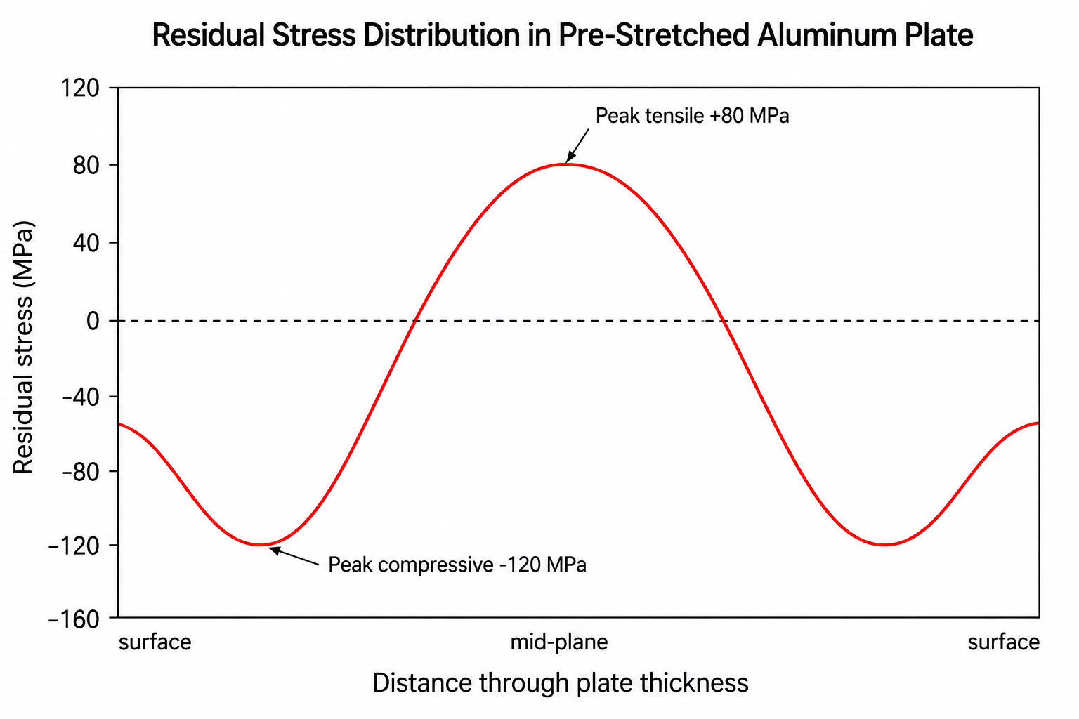 Aluminum Machining Distortion Control for Aerospace Parts 1 Residual stress in aluminum alloy plotted through plate thickness, compressive near the surface and tensile near the mid-plane