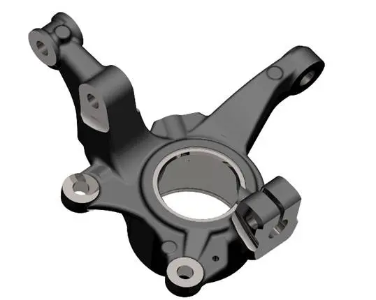 Steering Knuckle Machining Process: CNC Planning Guide 1 Three-dimensional model of an automotive steering knuckle showing the bearing bore, flange face and fork arms that a steering knuckle machining process must relate to one datum system