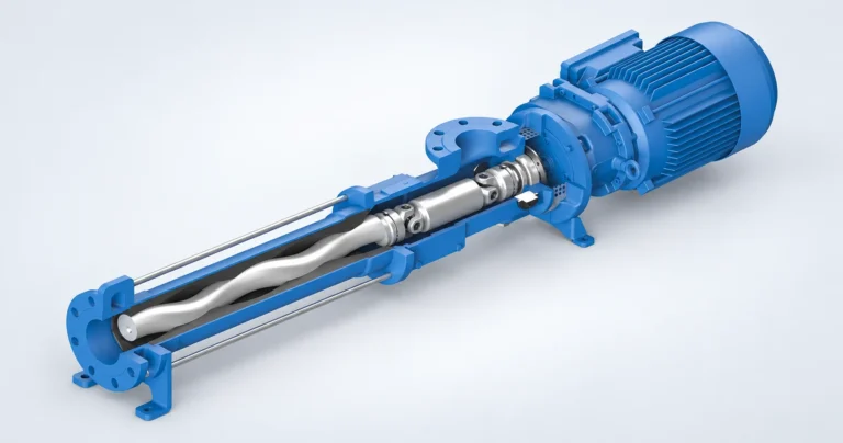 Blue progressing cavity pump cutaway illustrating screw pump rotors